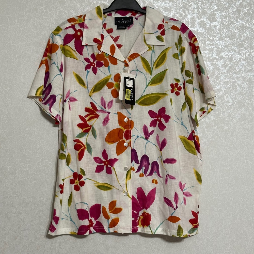 Carole Little Sport Floral Linen Rayon Blend Button Down Shirt White VTG NWT L